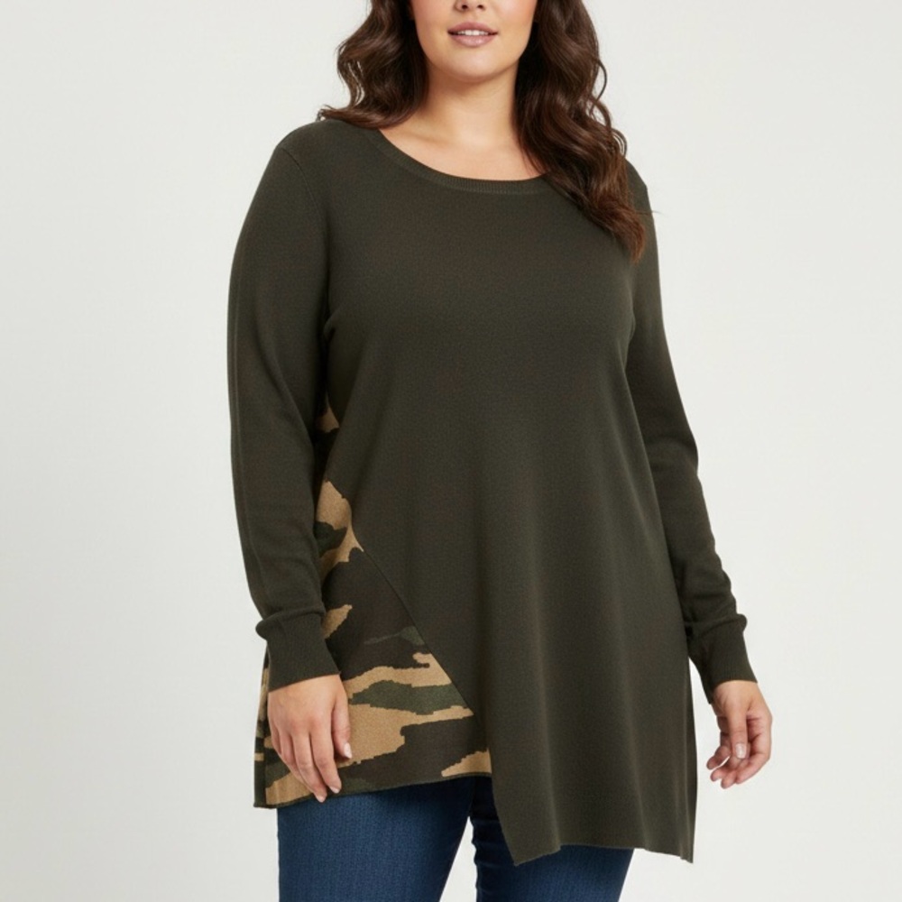 NEW YORK & Company Asymmetrical Color Block Camo Army Green Pullover Sweater XXL